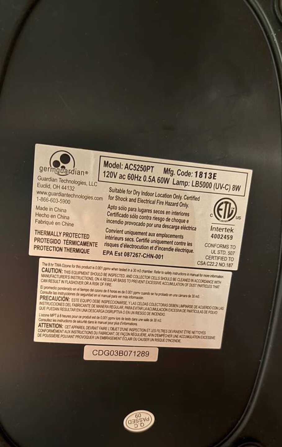 GermGuardian UV + HEPA Air Purifier AC5250PT - photo 4