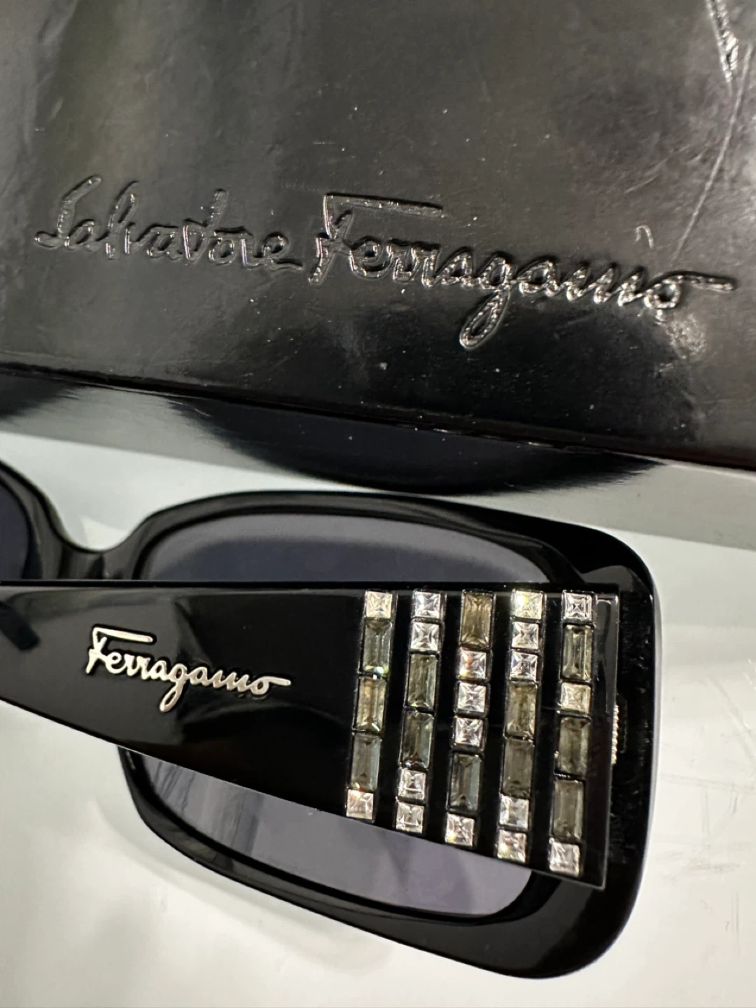 Salvatore Ferragamo Black Embellished Sunglasses with Case