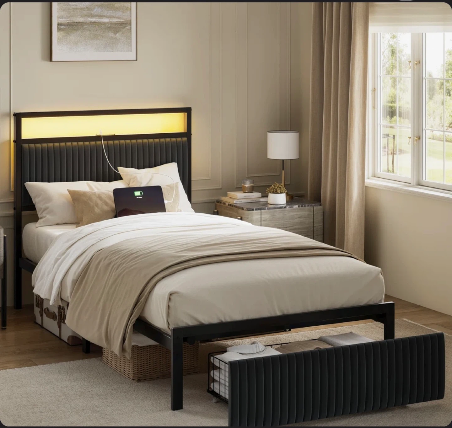 Wayfair Queen Size Bed  with Black Faux Leather Headboard