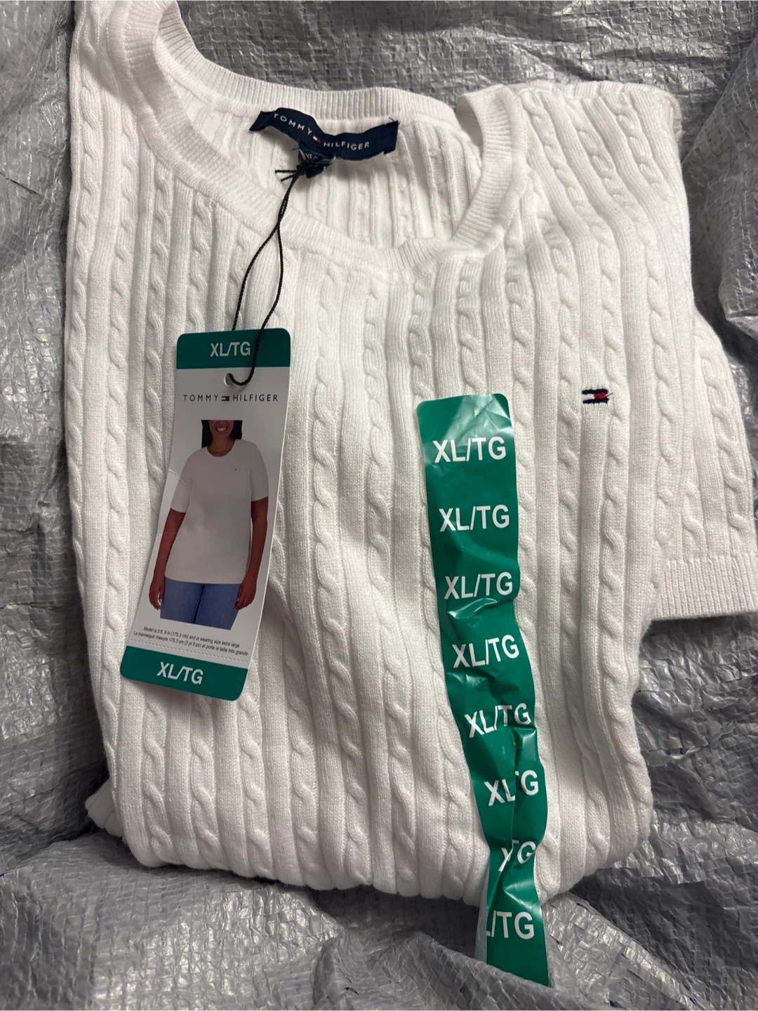 Tommy Hilfiger White Cable Knit Short Sleeve Sweater XL/TG