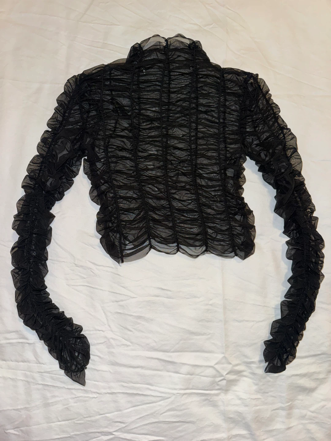 Black Ruched Mesh Mock Neck Long Sleeve Top