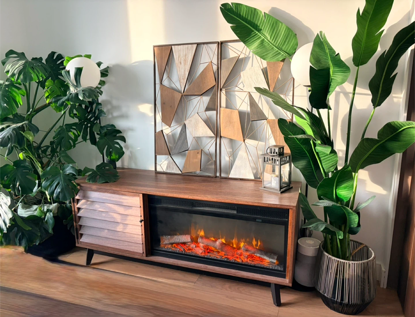 Mcm / japandi Walnut Wood Media Console with Electric Fireplace