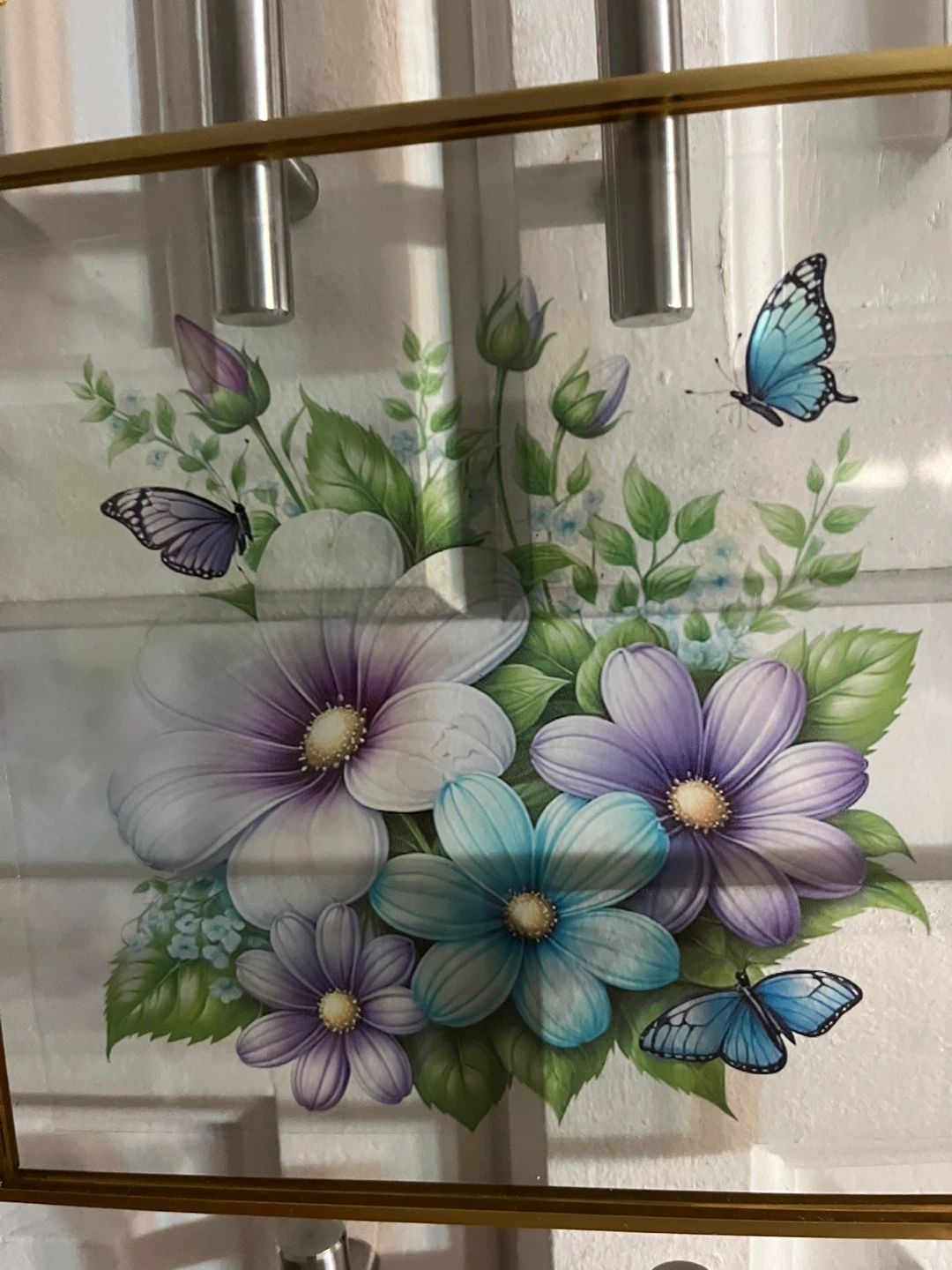 Glass Wall Art with Floral and Butterfly Design