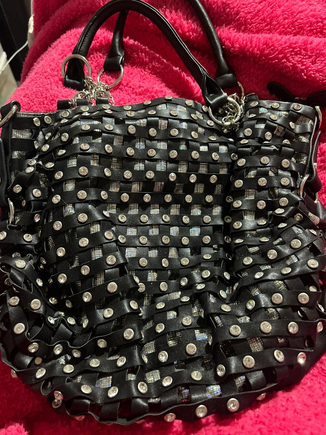Black Woven Rhinestone Shoulder Bag