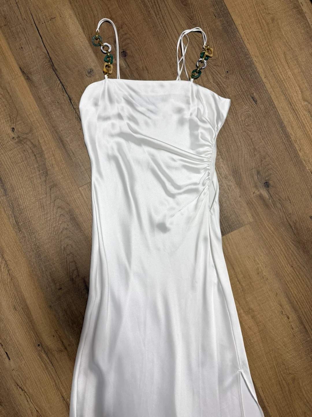 White Satin Slip Dress with Beaded Straps - photo 4