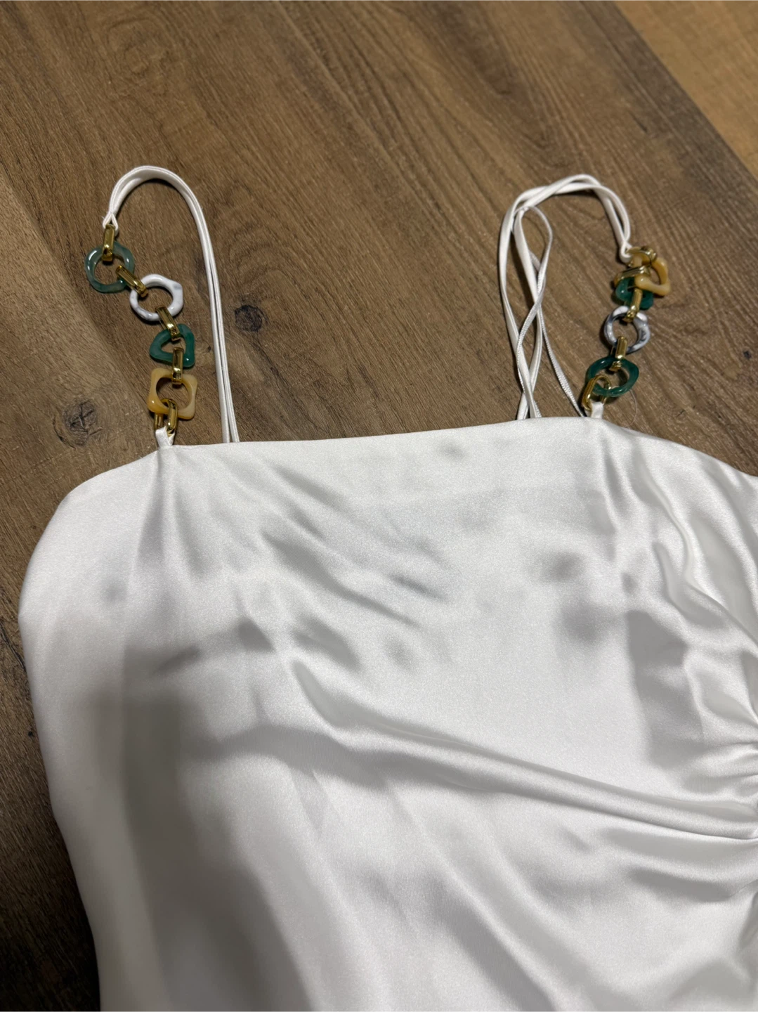White Satin Slip Dress with Beaded Straps - photo 3