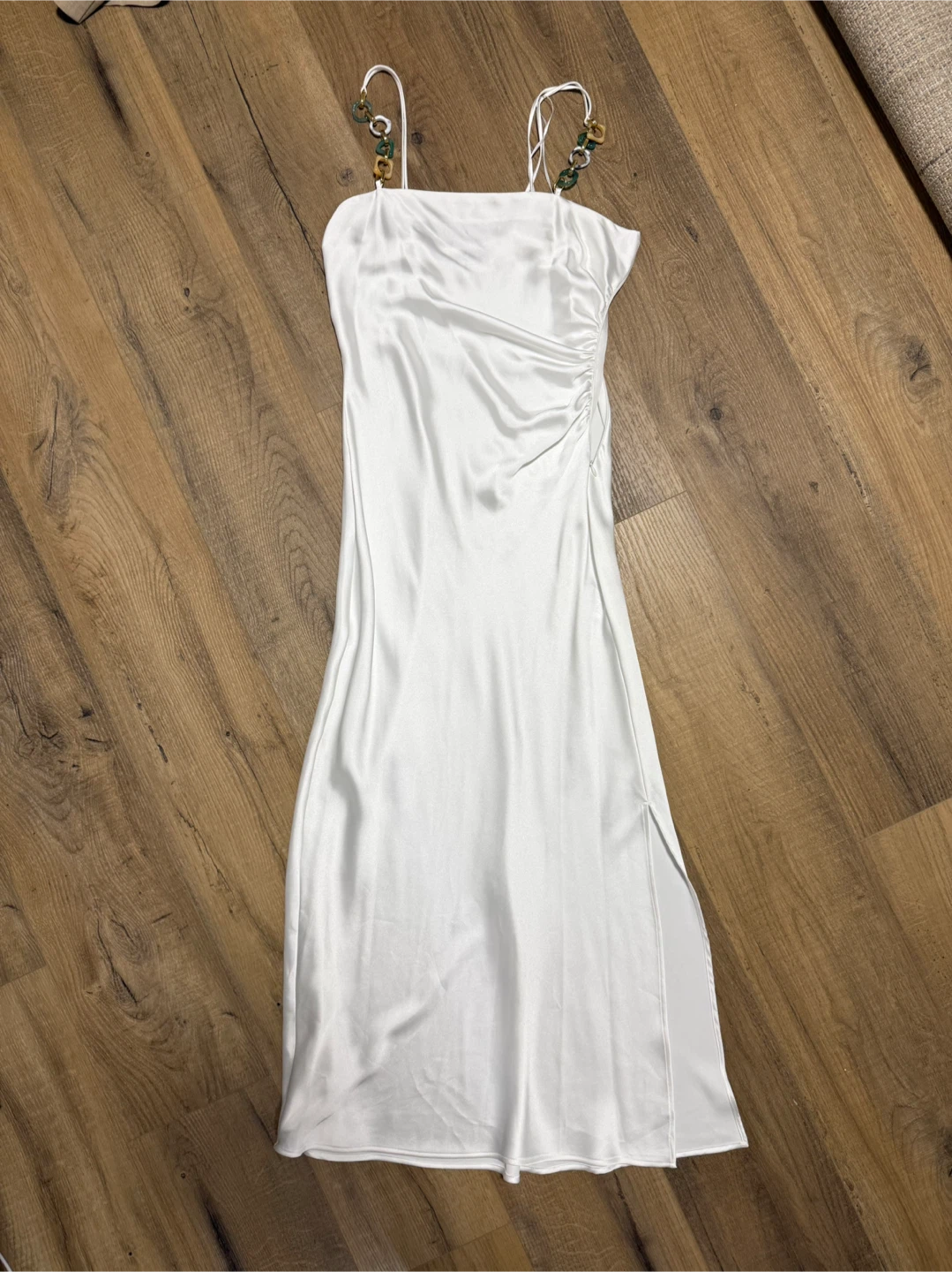 White Satin Slip Dress with Beaded Straps