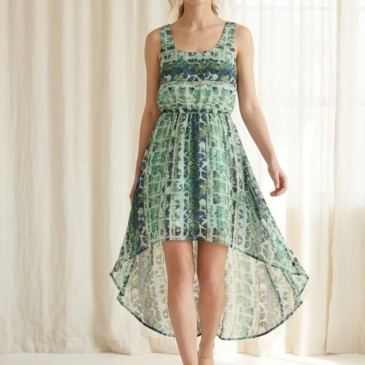 MOSSIMO Green White Abstract Sleeveless High Low Midi Dress Sz M