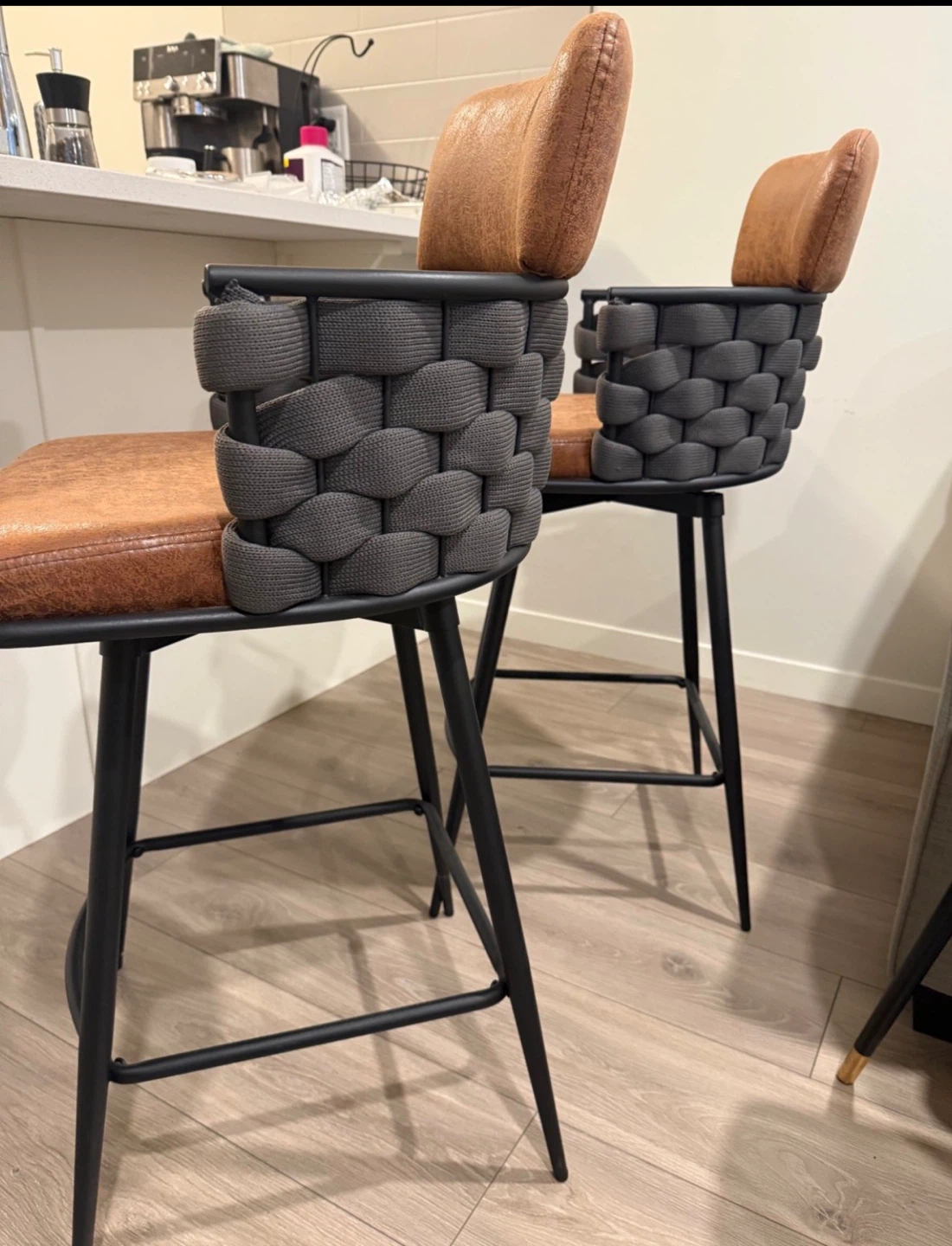 Set of 2 Brown Faux Leather Bar Stools with Woven Backs - photo 2