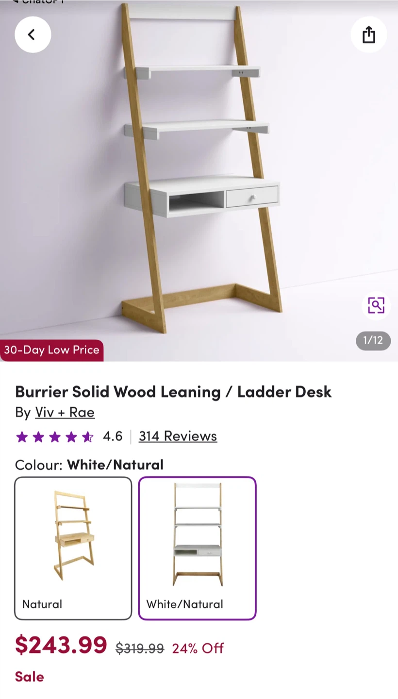 Viv + Rae Burrier Solid Wood Leaning Ladder Desk - White/Natural - photo 3