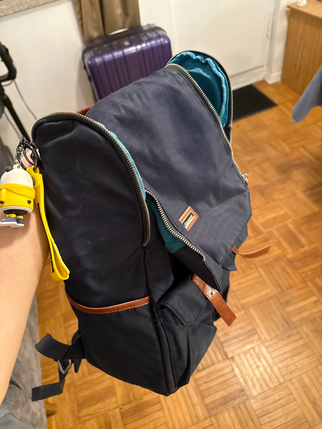 Navy Blue Backpack with Leather Accents