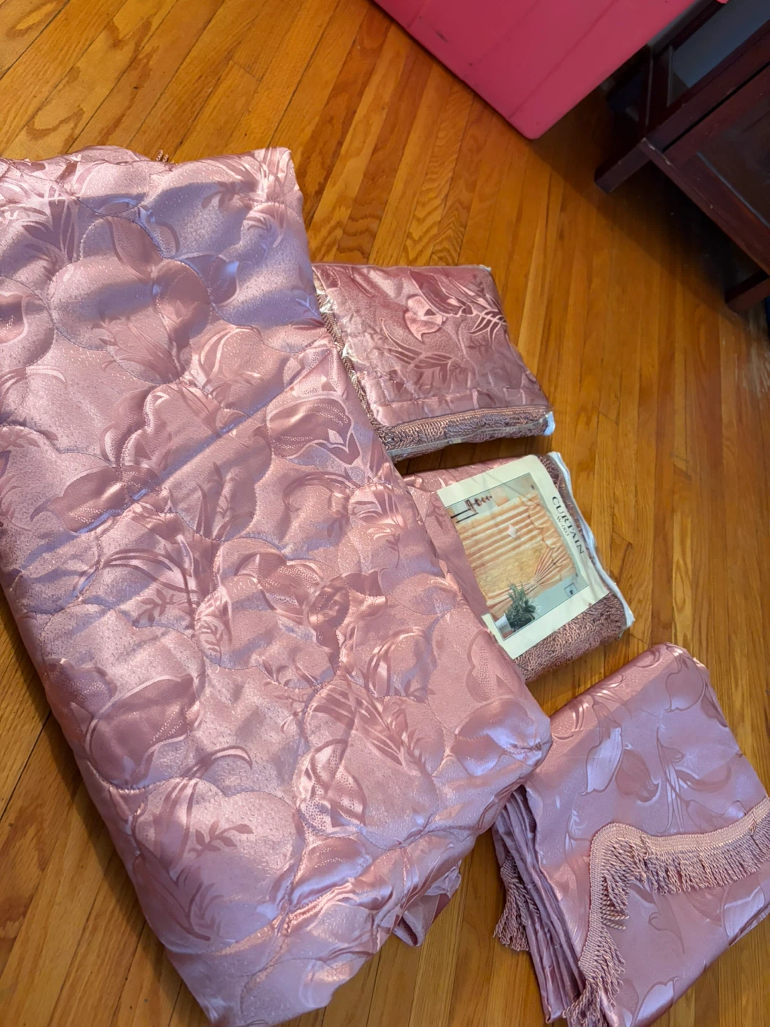 Pink Satin Floral Comforter, Pillow Shams & Curtain Set