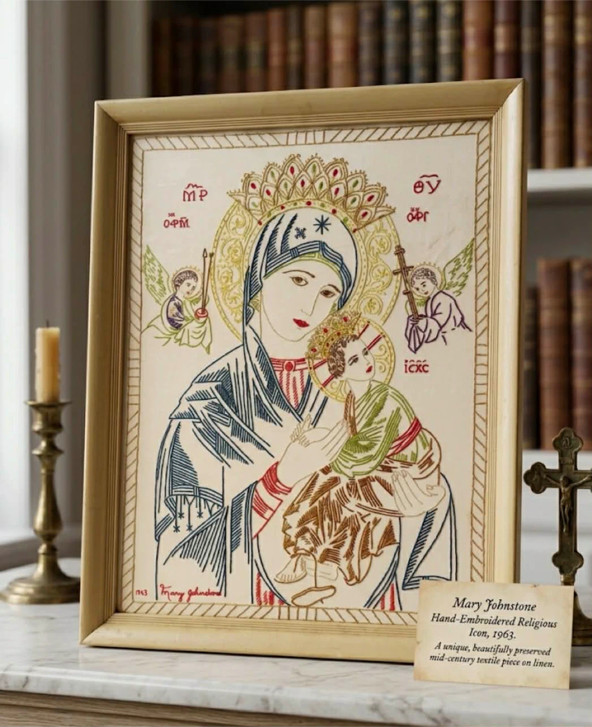Vintage 1963 Hand-Embroidered Icon "Our Lady of Perpetual Help"