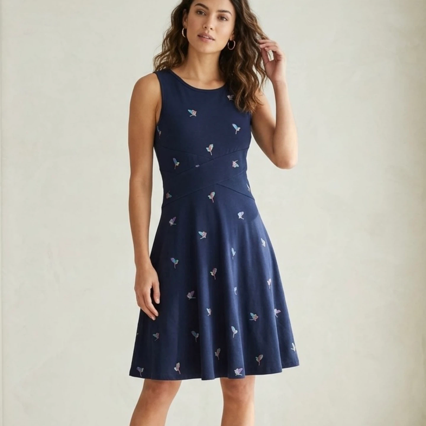 ICONE Simons Blue Bird Print Criss Cross Fit Flare Dress Size S