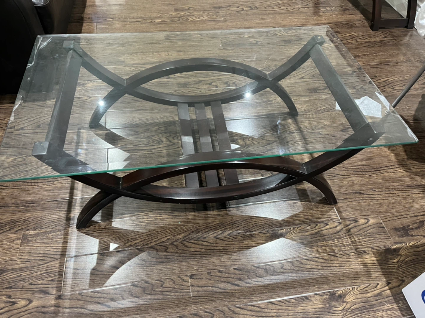 Glass Top Coffee Table with Dark Wood Base