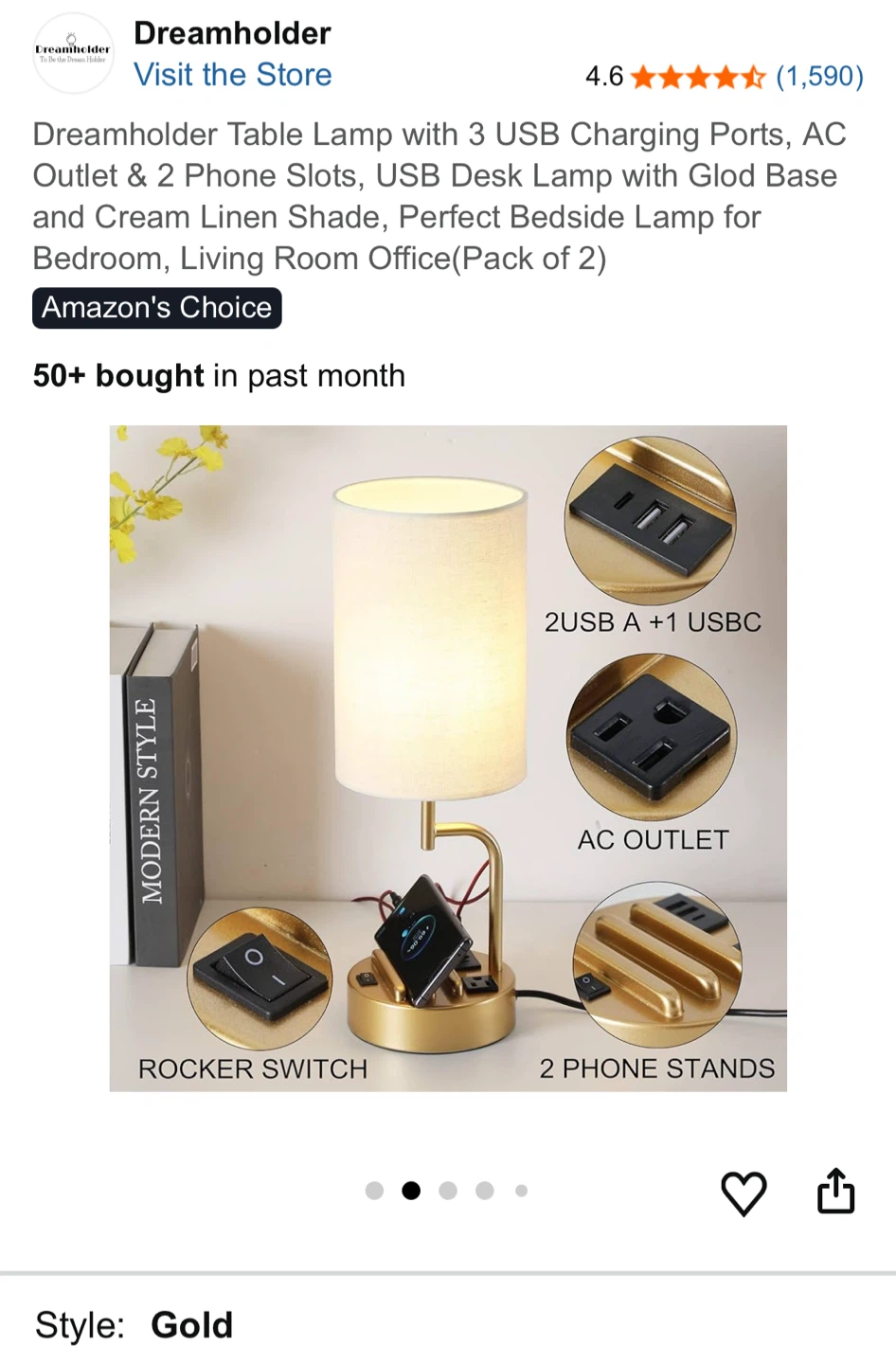 Dreamholder Gold Bedside Table Lamp (Pack of 2) - photo 2