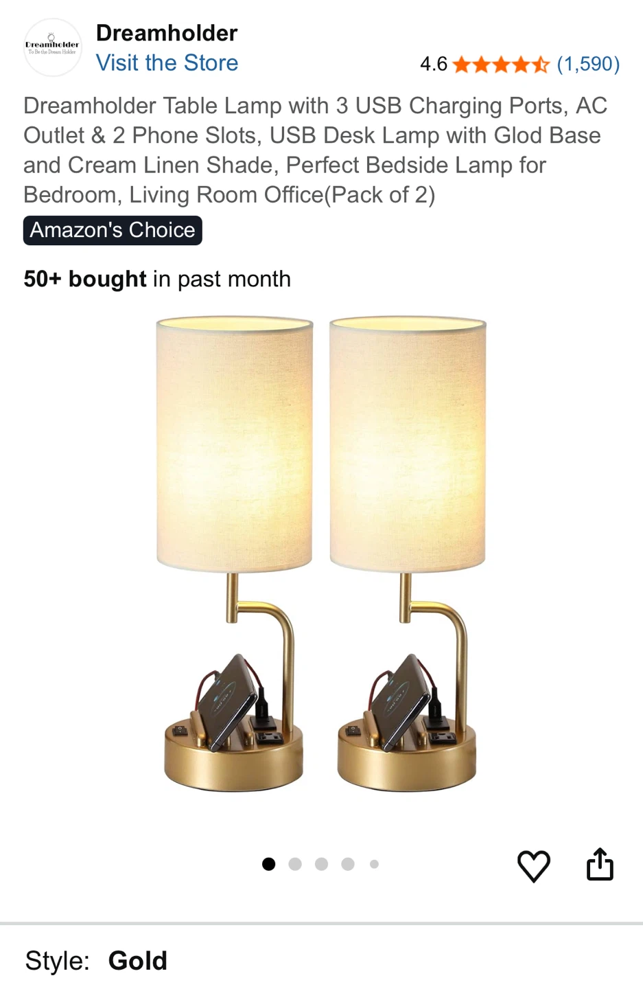 Dreamholder Gold Bedside Table Lamp (Pack of 2)
