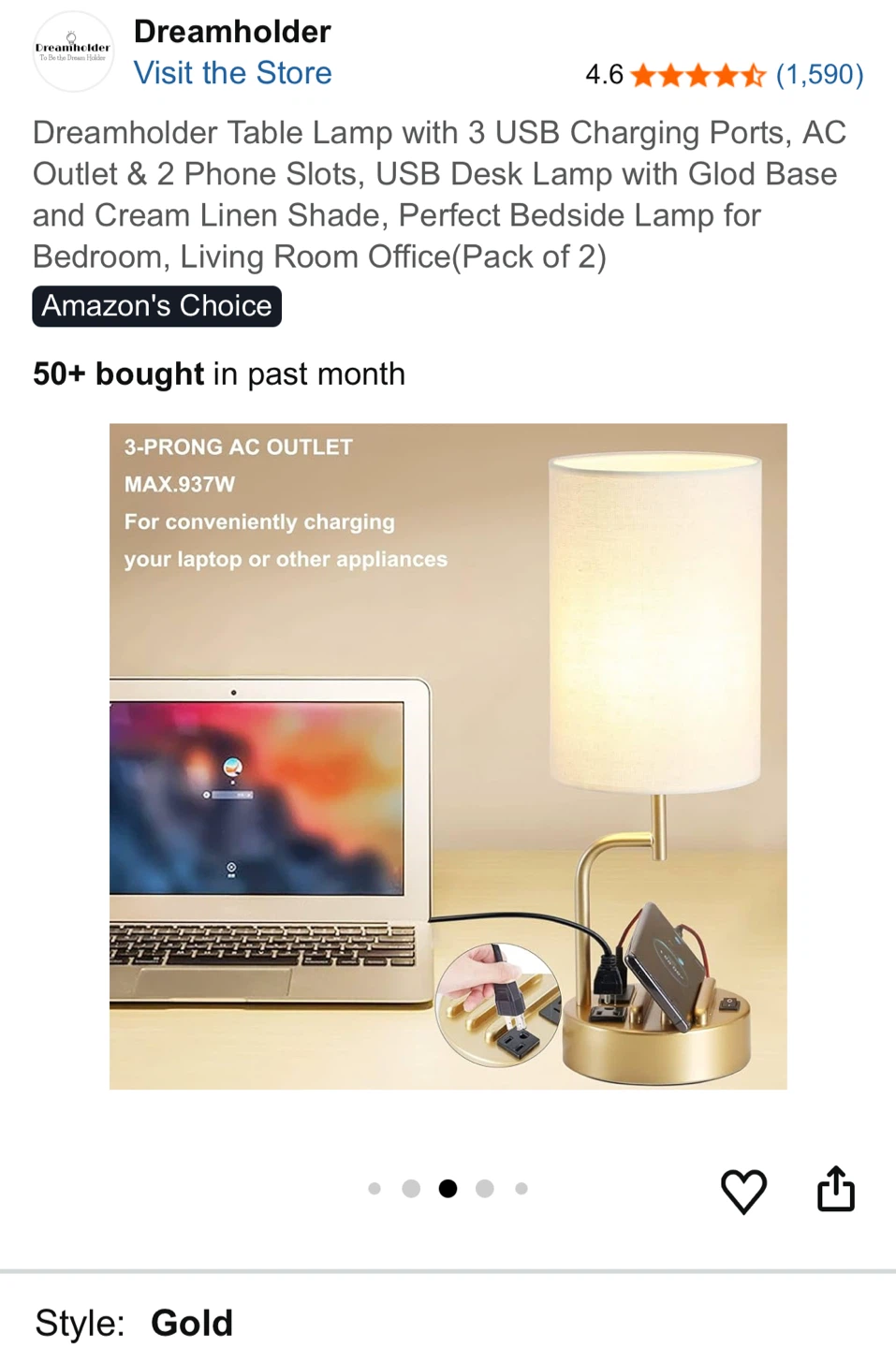 Dreamholder Gold Bedside Table Lamp (Pack of 2) - photo 5