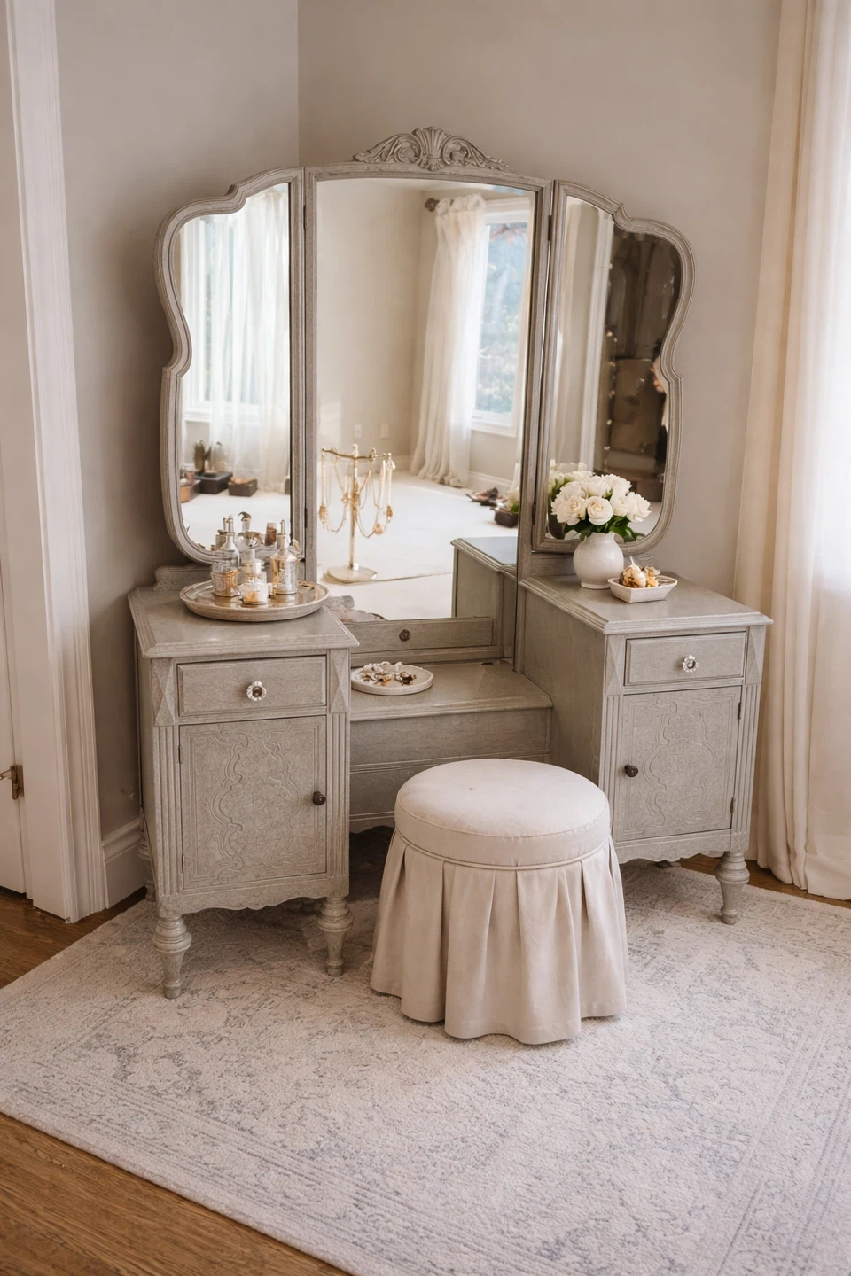 Vintage Triple Mirror Vanity Dresser with Stool