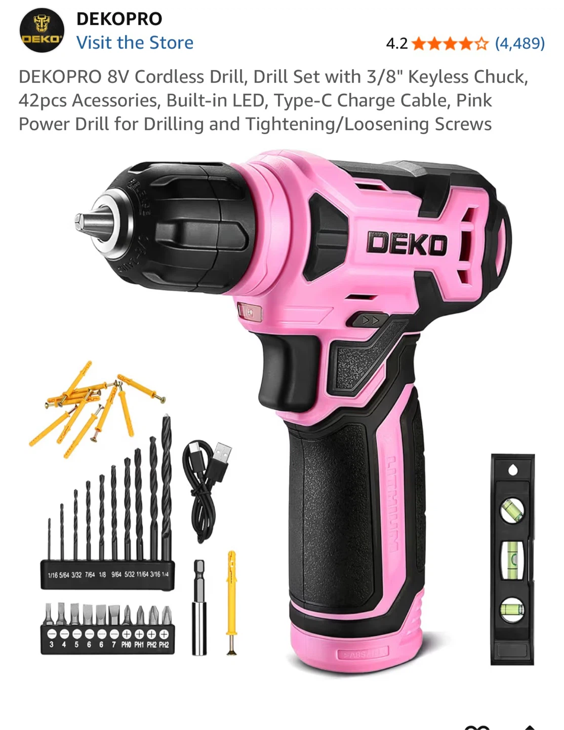 DEKOPRO 8V Pink Cordless Drill Set with 42pcs Accessories