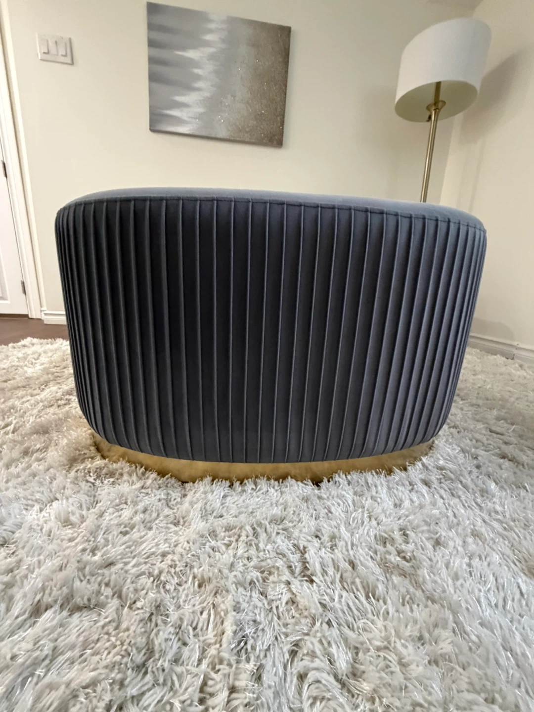 Grey Velvet Oval Ottoman with Gold Base