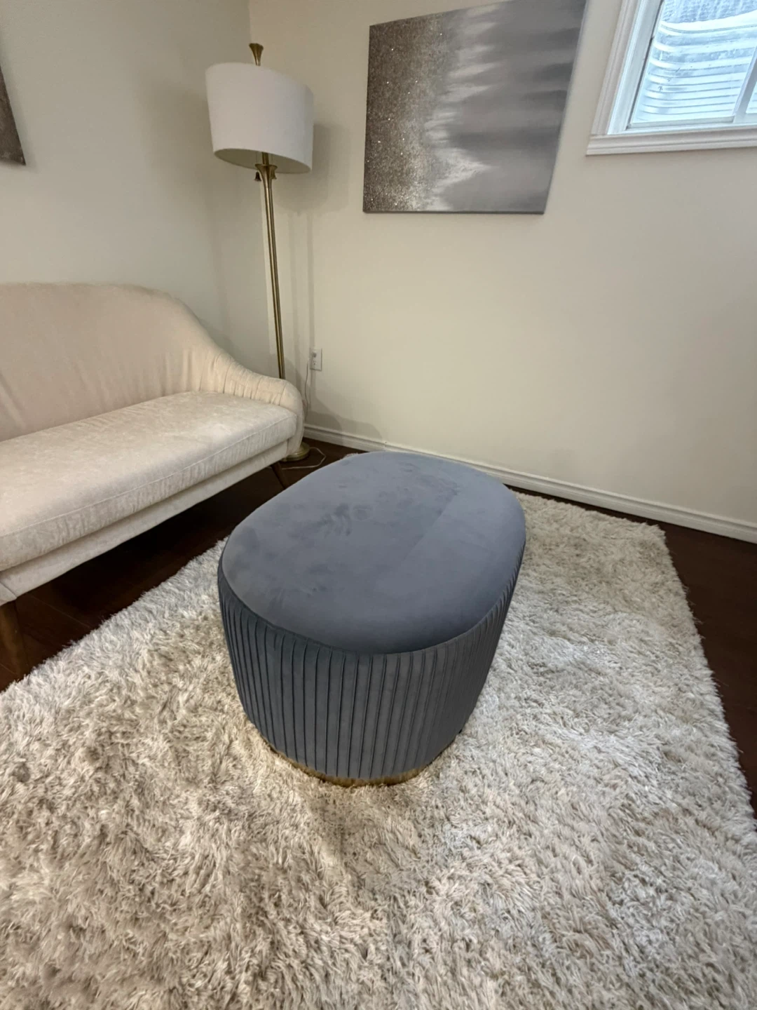 Grey Velvet Oval Ottoman with Gold Base - photo 2