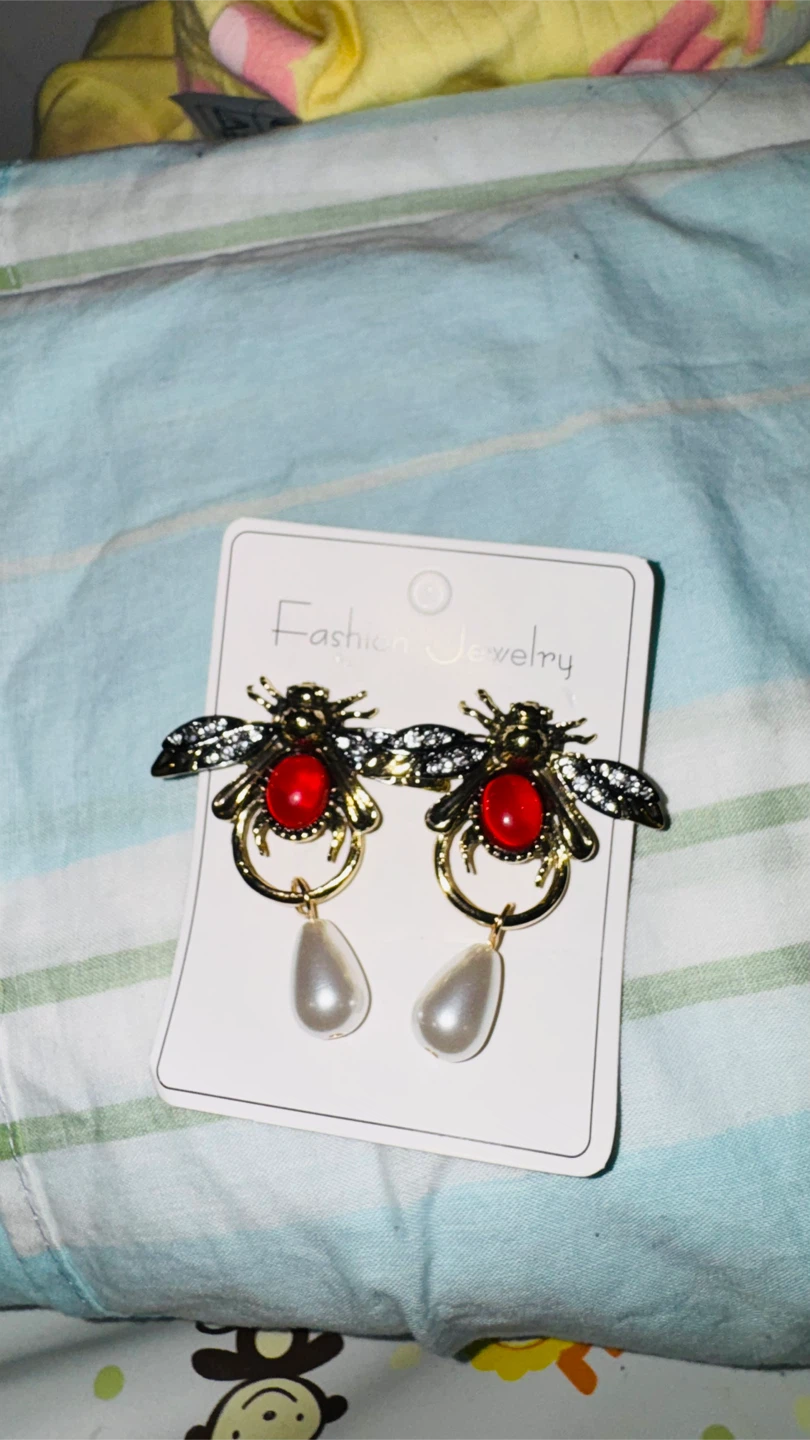 Bee Dangle Earrings with Red Gems and Pearls - photo 3