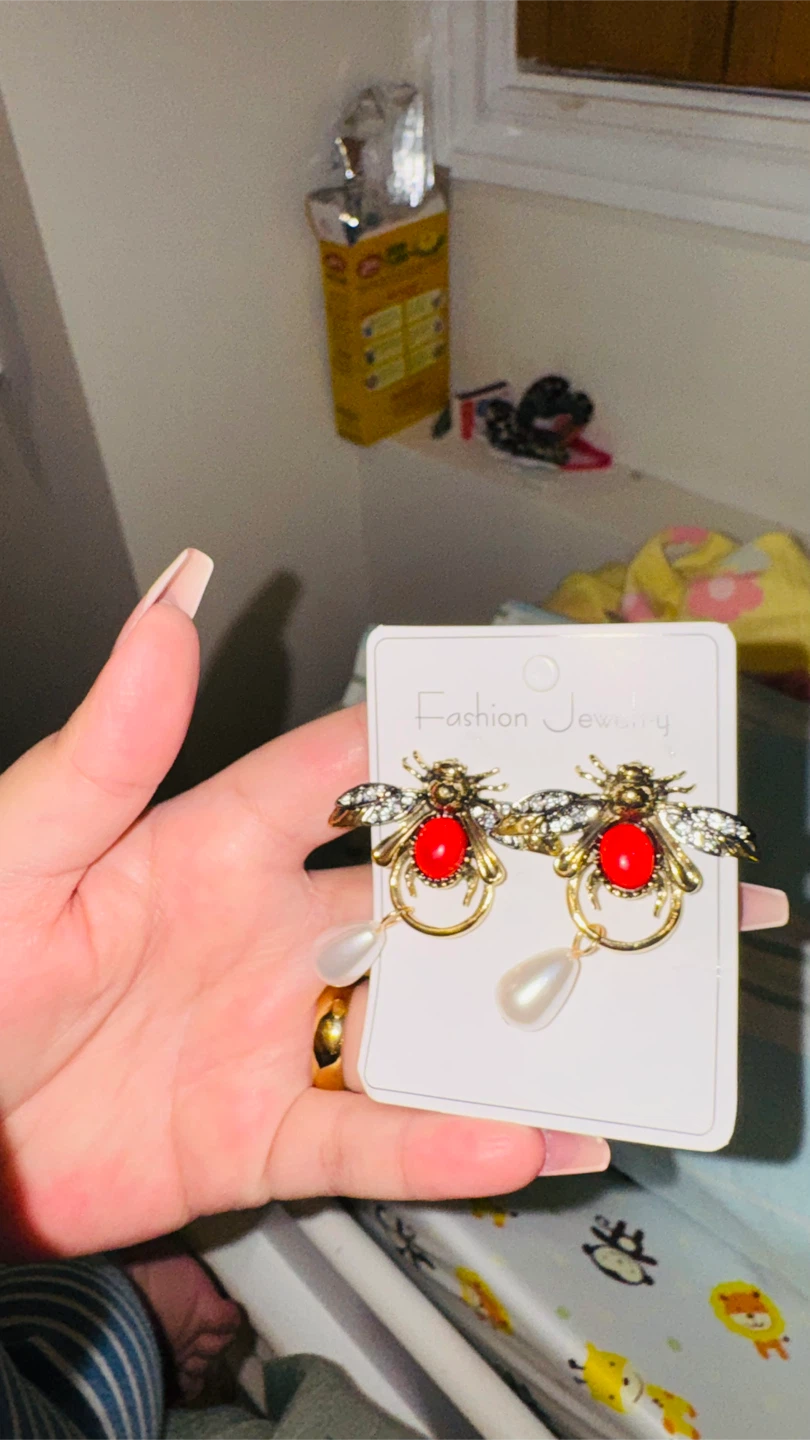 Bee Dangle Earrings with Red Gems and Pearls - photo 4