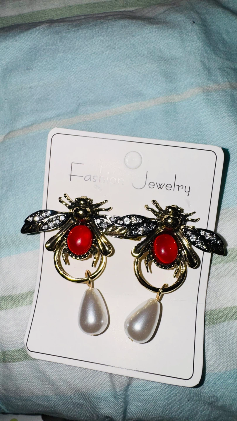 Bee Dangle Earrings with Red Gems and Pearls
