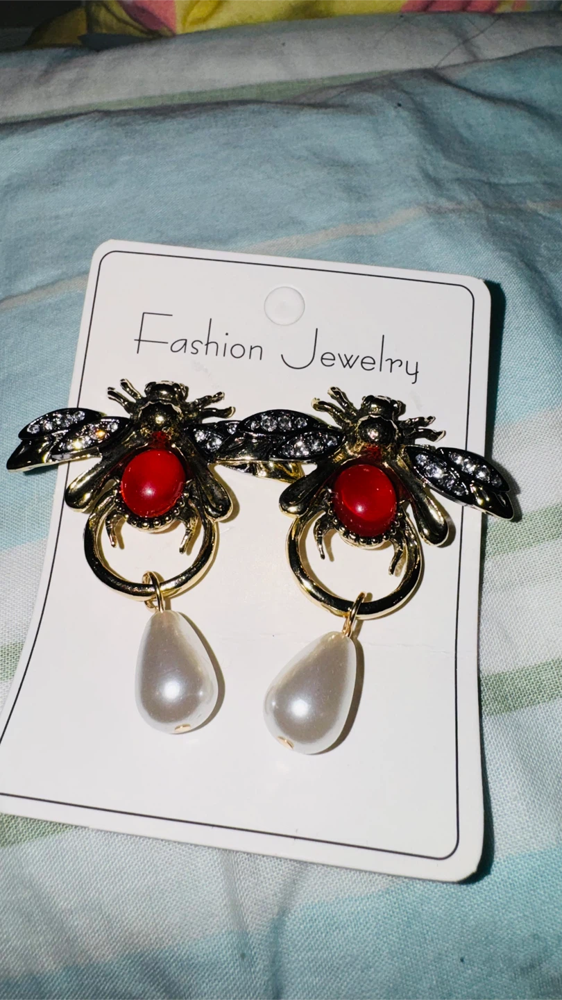 Bee Dangle Earrings with Red Gems and Pearls - photo 2