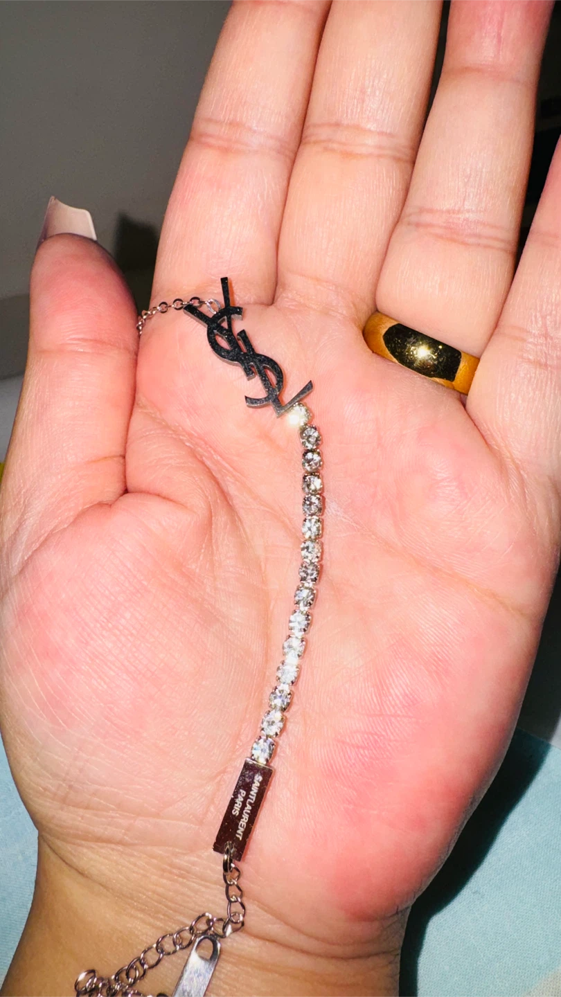 Saint Laurent Paris YSL Logo Silver Rhinestone Bracelet