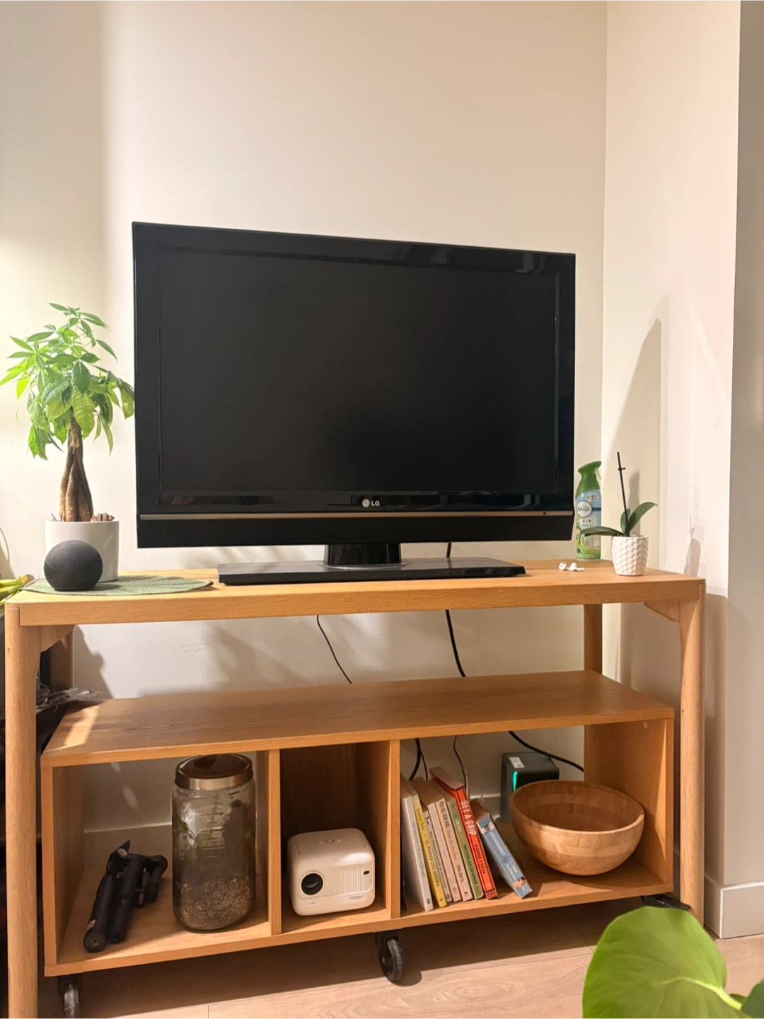 TV, table, lower shelf