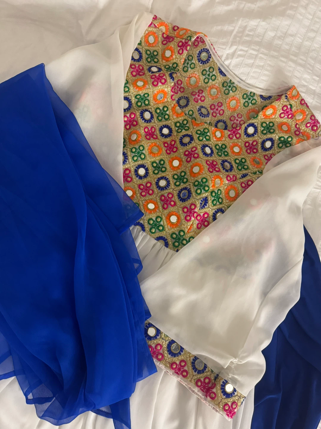Afghan White Dress with Blue Scarf