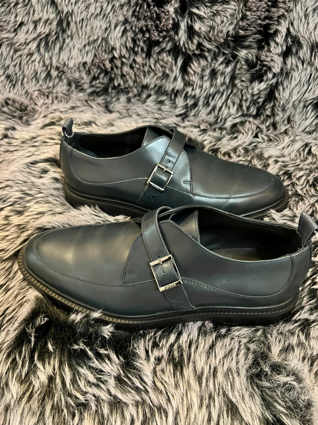 BOSS Men's Navy Blue Leather Monk Strap Shoes