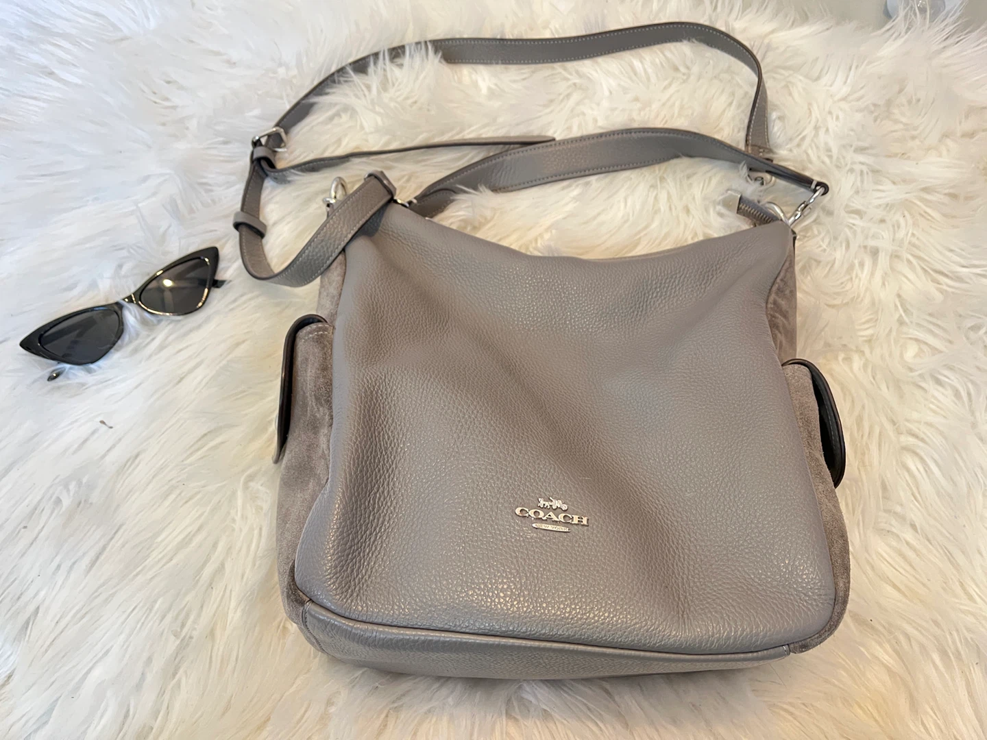 Authentic Coach Grey Pebbled Leather & Suede Crossbody Bag