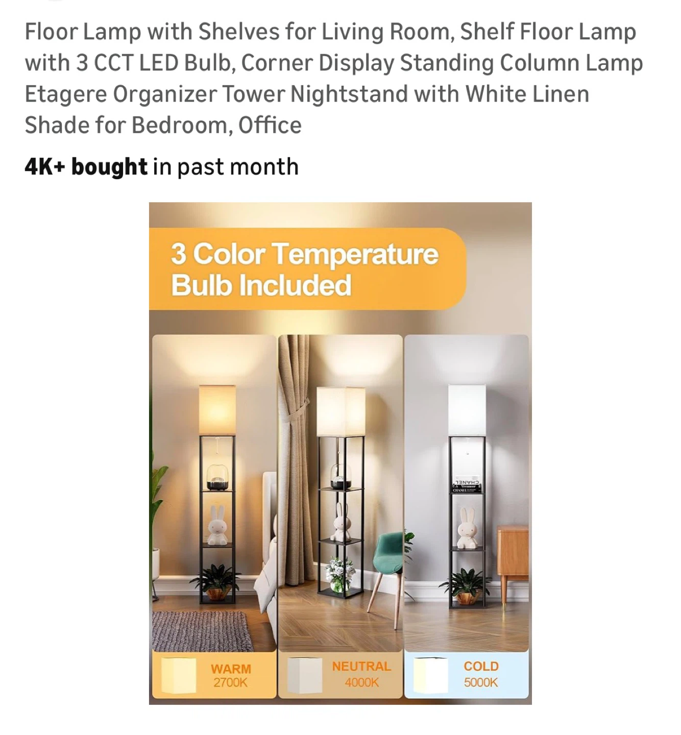 Shelf Floor Lamp with 3 CCT LED Bulb and White Linen Shade - photo 3
