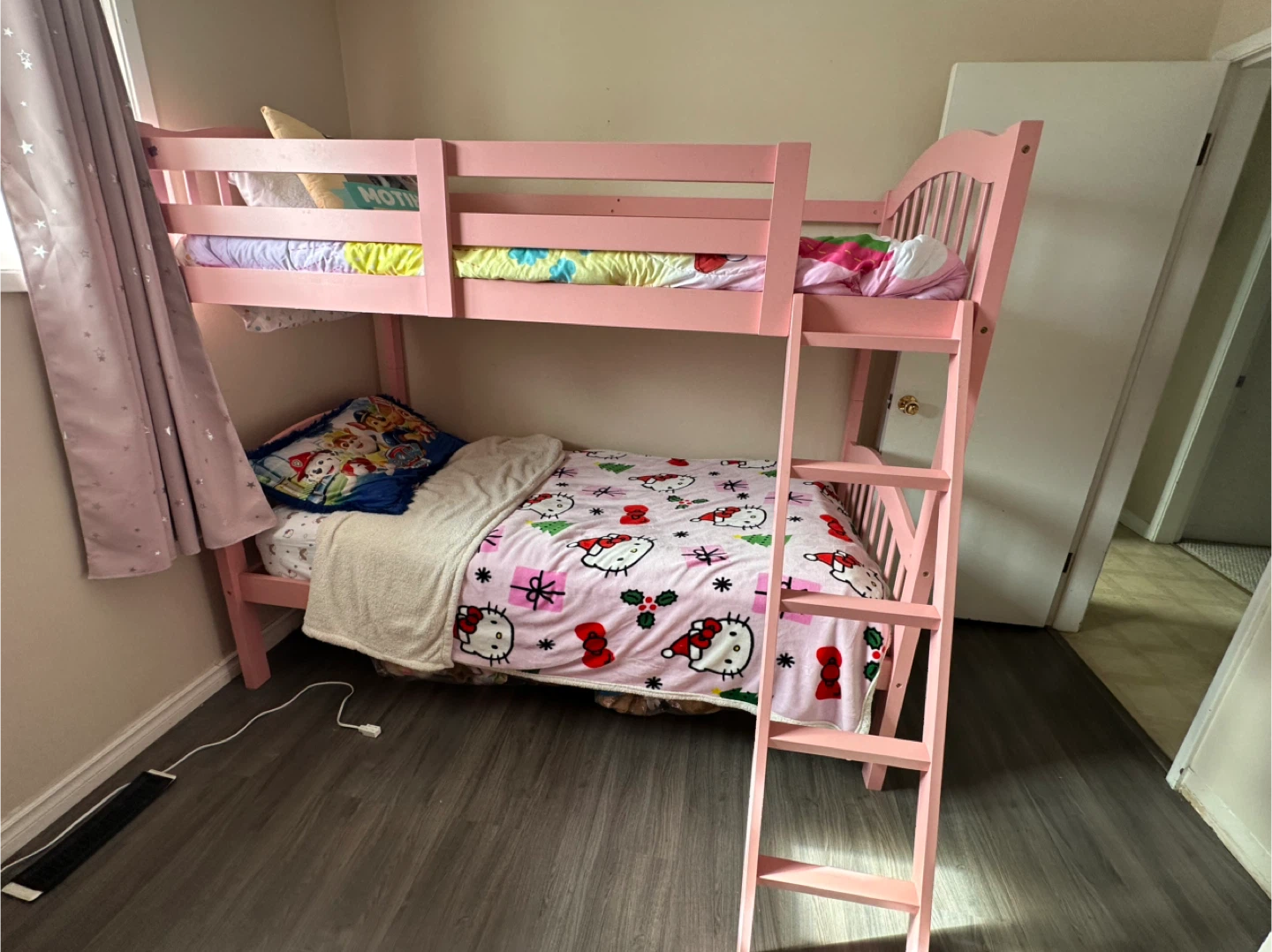 Pink twin over twin bunkbed and mattresses