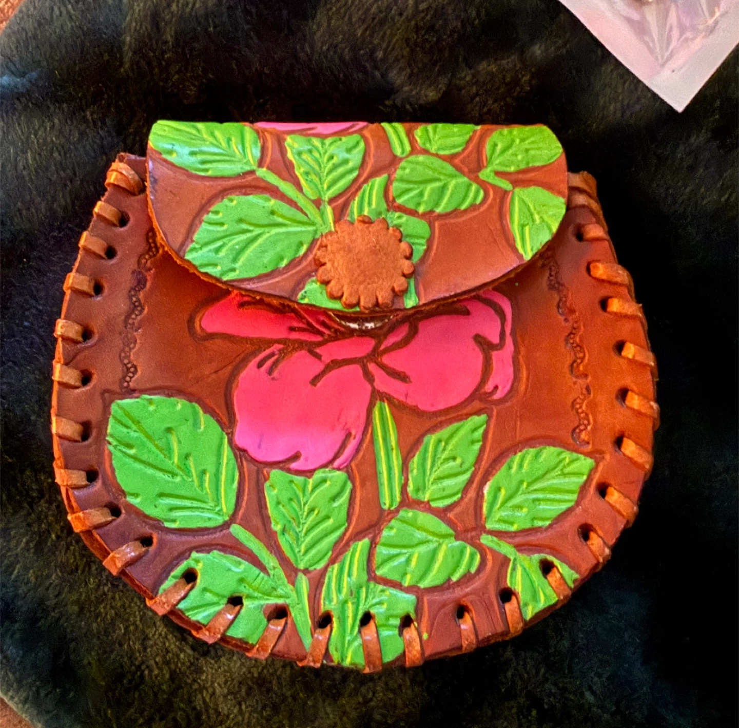 Vintage Leather Cowhide Handmade Clutch Purse With Roses
