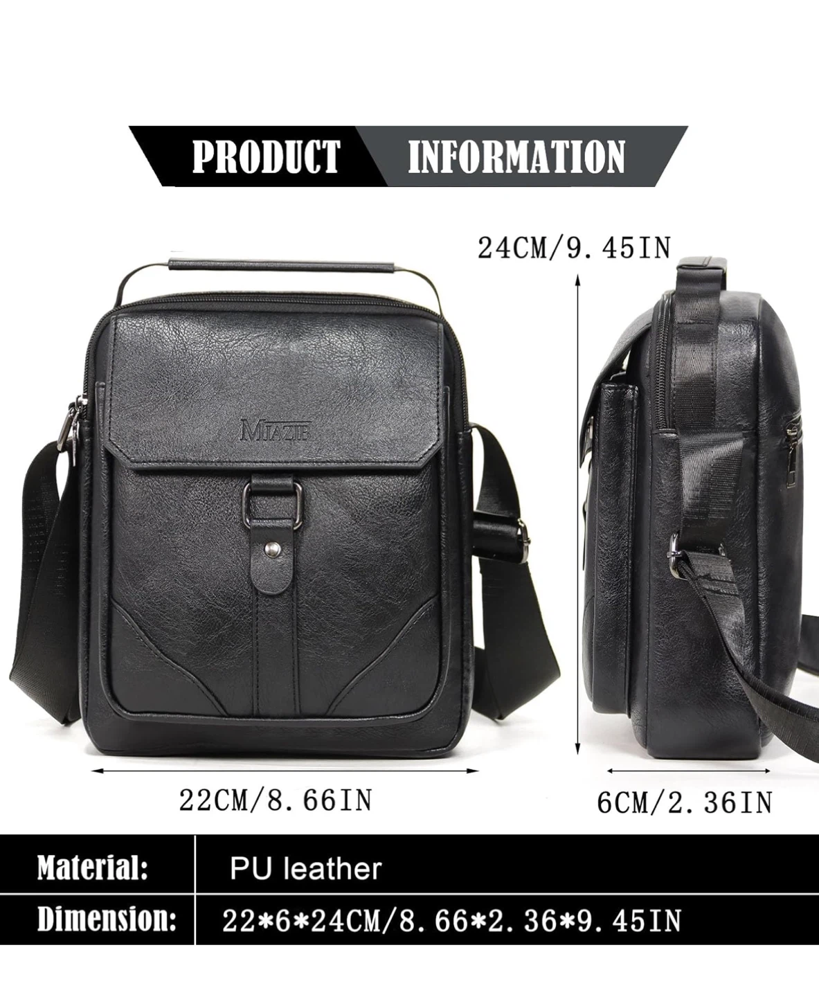 MIAZIE Black PU Leather Crossbody Bag - 24cm