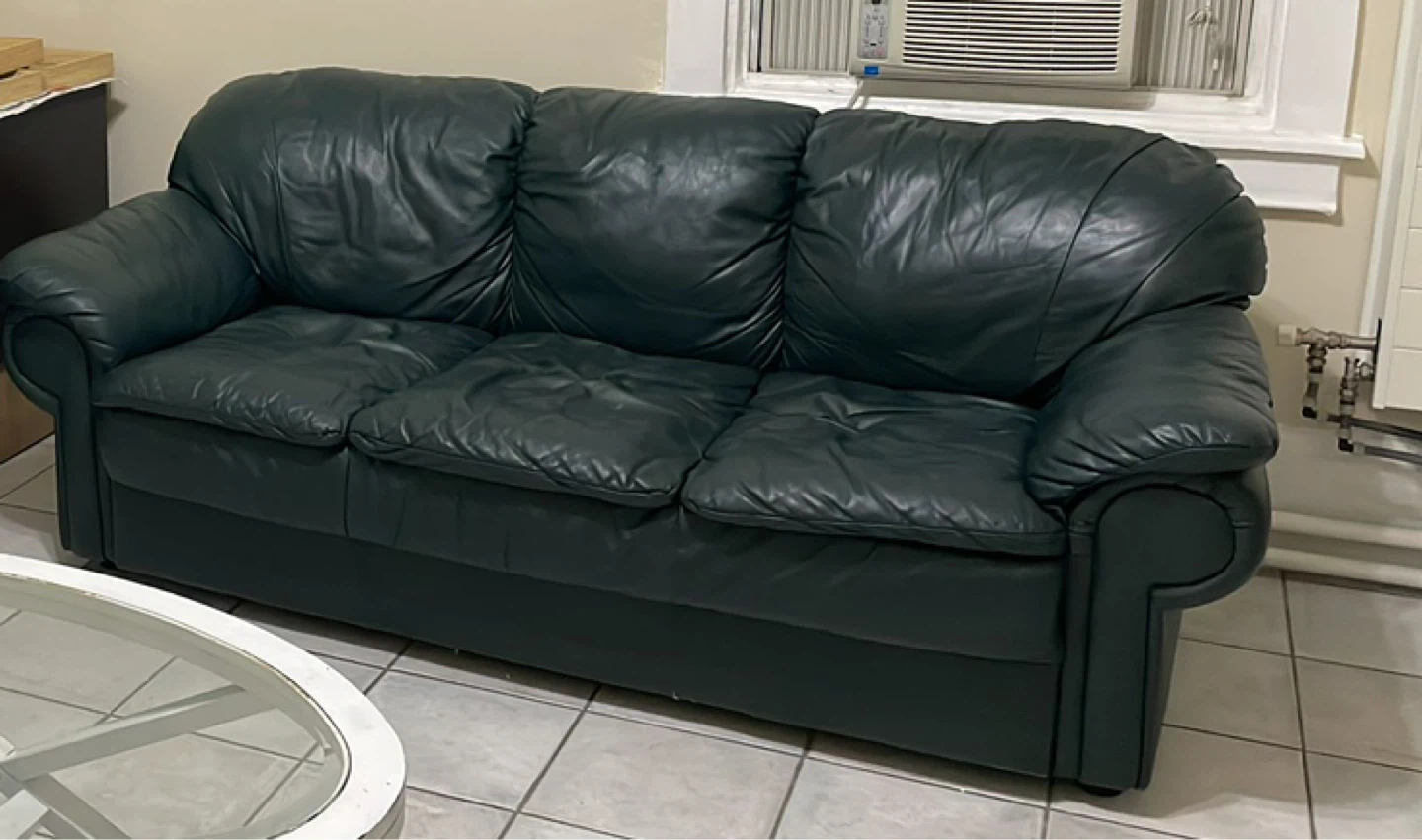 Dark Green Leather 3-Seater Sofa
