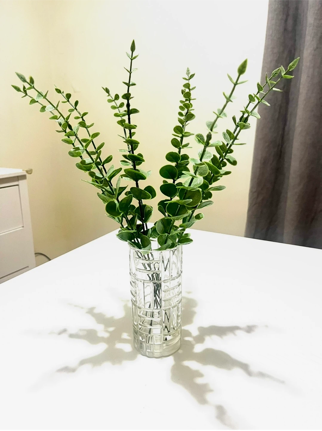Artificial Eucalyptus Stems in Crystal Vase