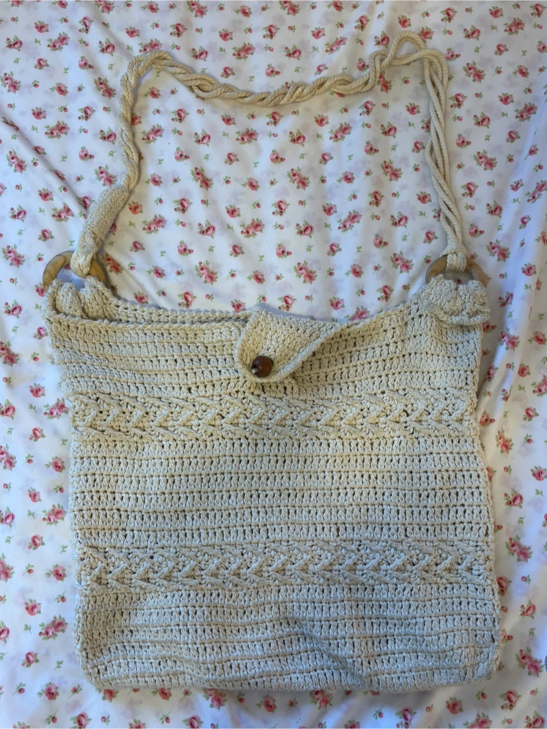 Cream Crochet Shoulder Bag with Wooden Accents