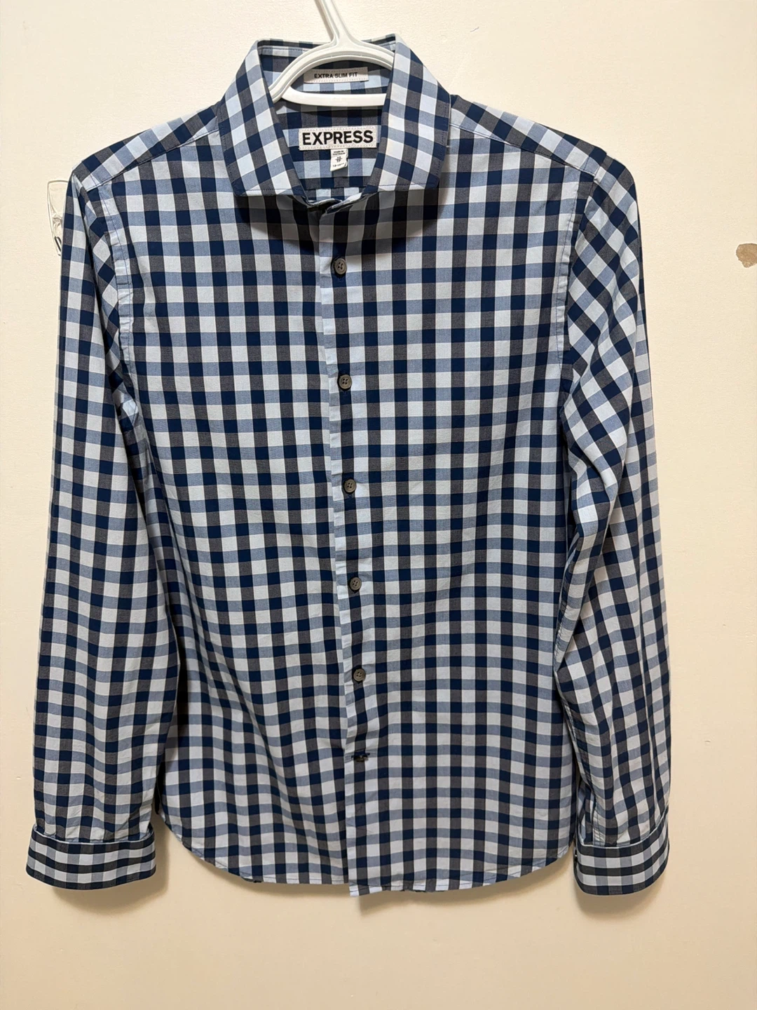 Express Men's Blue Gingham Extra Slim Fit Dress Shirt - XS