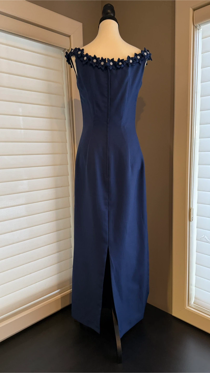 Royal Blue Off-the-Shoulder Dress with Floral Embellishment - photo 2