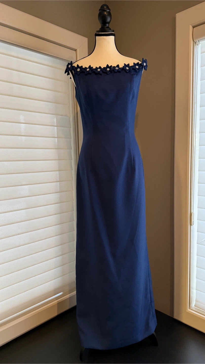 Royal Blue Off-the-Shoulder Dress with Floral Embellishment
