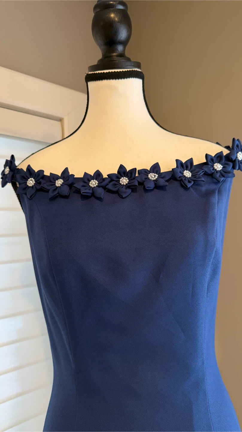 Royal Blue Off-the-Shoulder Dress with Floral Embellishment - photo 4