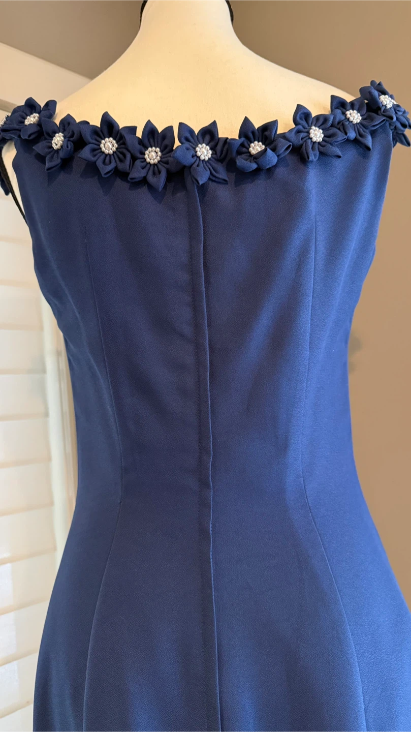 Royal Blue Off-the-Shoulder Dress with Floral Embellishment - photo 5