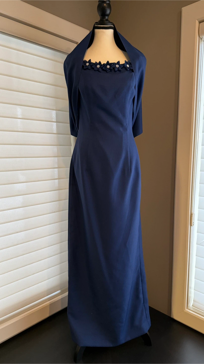 Royal Blue Off-the-Shoulder Dress with Floral Embellishment - photo 3
