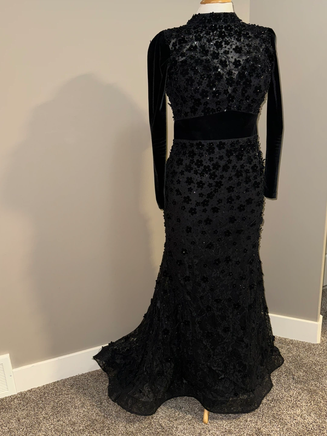 Mac Duggal Black Floral Embellished Evening Gown