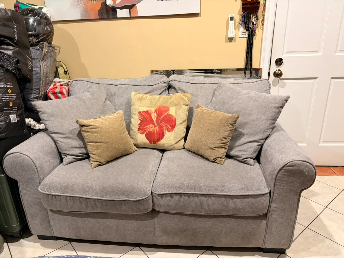 Gray Loveseat Sofa with Decorative Pillows